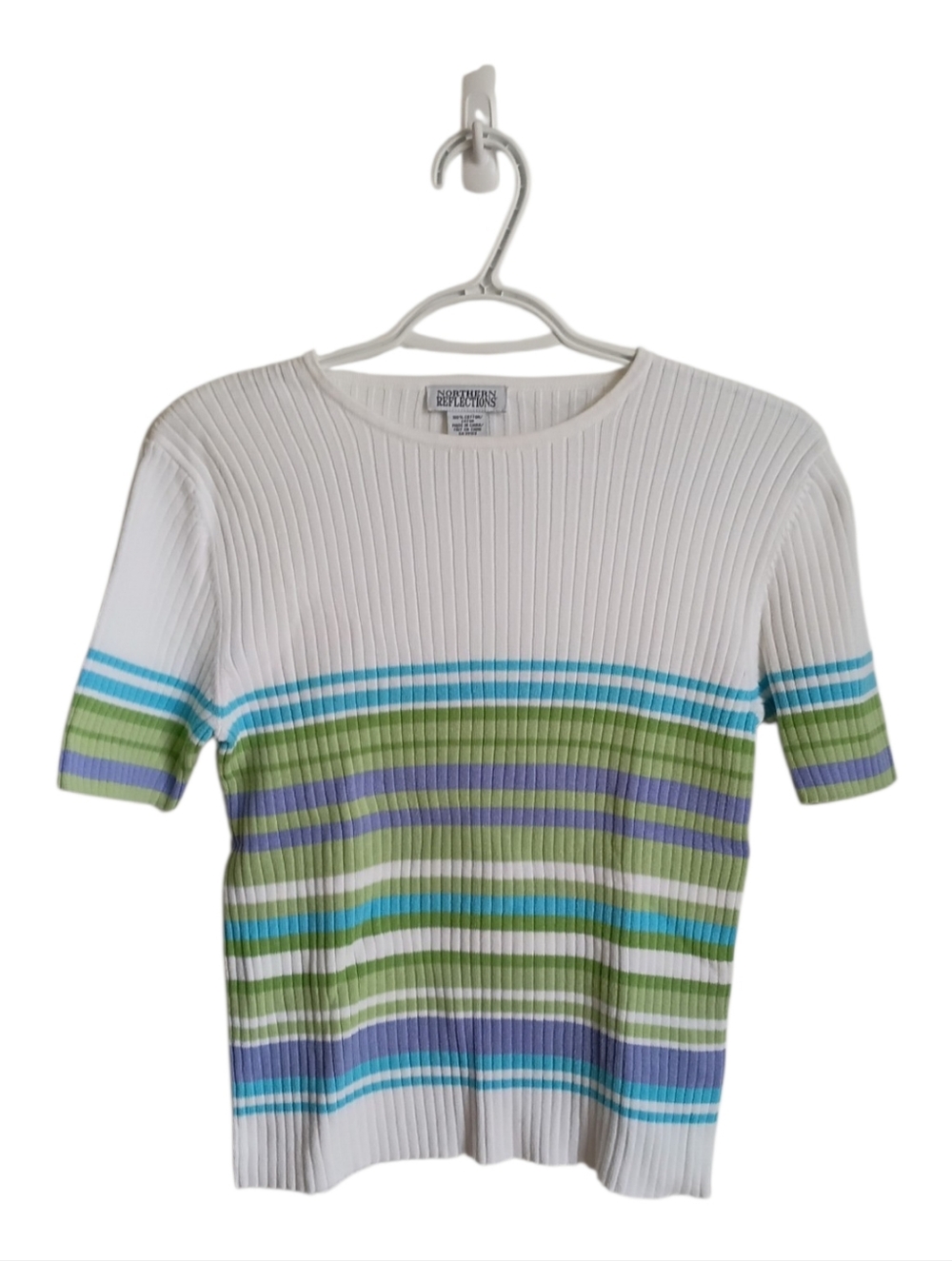 Vintage Y2K Striped Rib-Knit Short Sleeve Top in White with Blue & Green Stripes